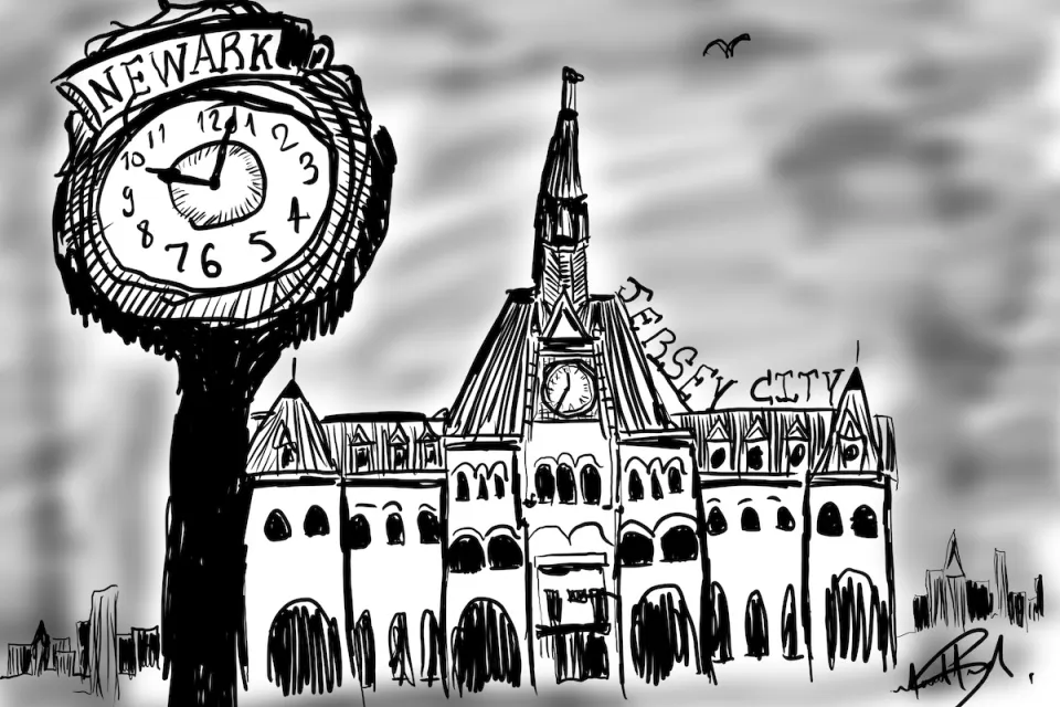 Black and white digital illustration of Newark, New Jersey town square with old clock.